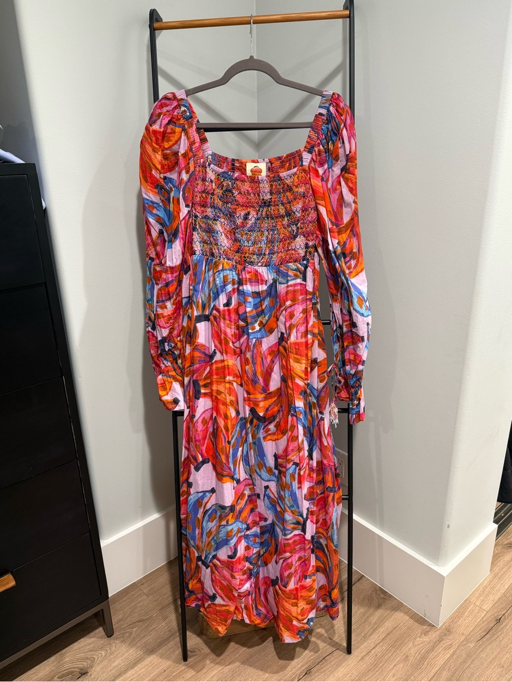 FARM Rio Multicolor Smocked Midi Dress in Pink, Orange & Blue